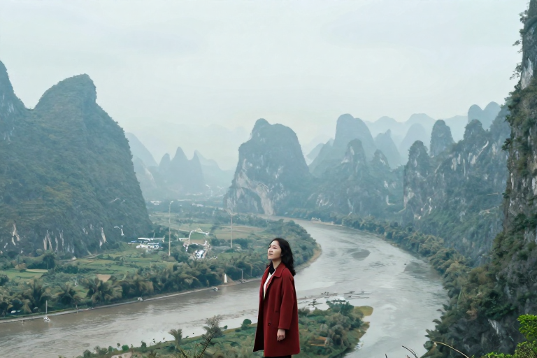 三分法构图：人物位于画面右下三分点，大面积山峦与河流铺满其余画面