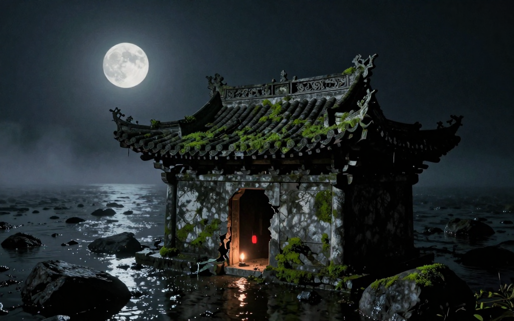 月夜，黑海中浮出一座生满青苔的古庙顶，庙门缝里透出一线烛光