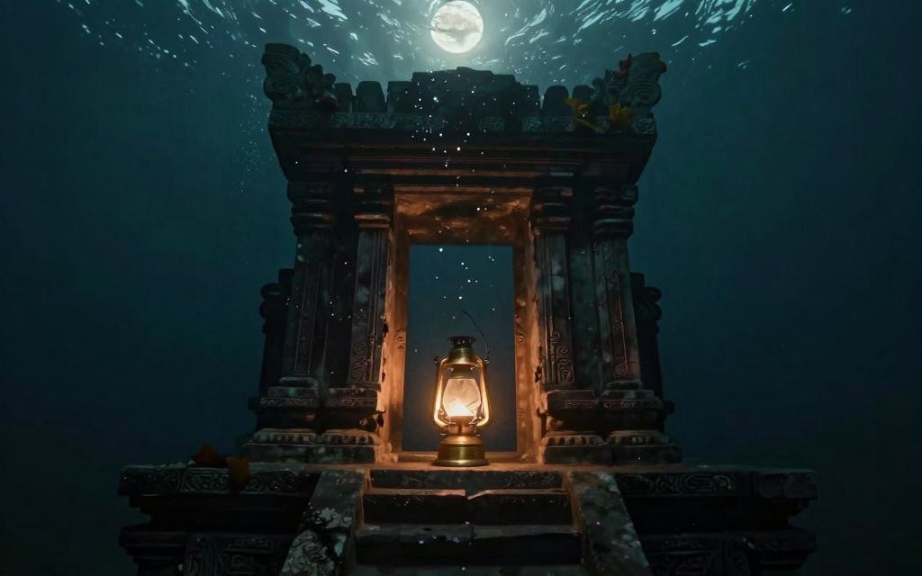 水底仰视：沉庙门内，门槛上立着一盏亮着的铜油灯，光晕在水里扩散