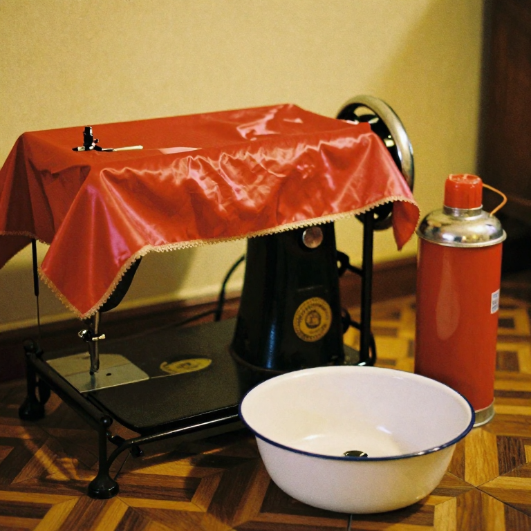 盖着红布的缝纫机与暖水瓶、搪瓷脸盆