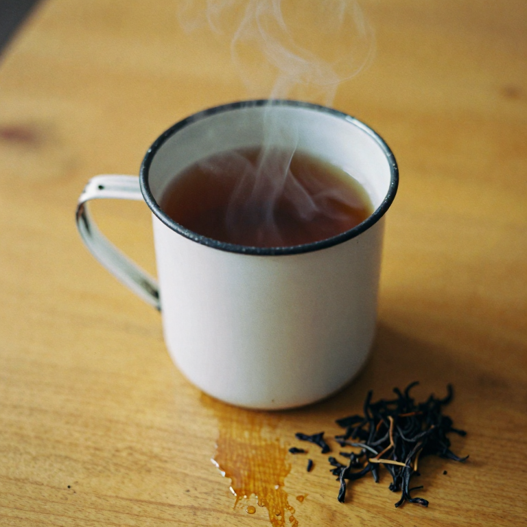 老式搪瓷缸里盛着深色茶水，水面微微冒着热气，旁边散着干茶叶