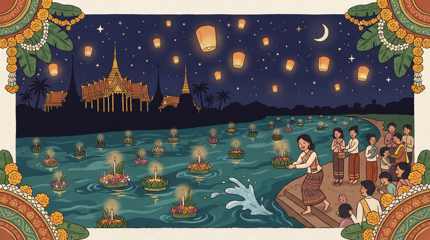 泰国水灯节与天灯节手绘插画