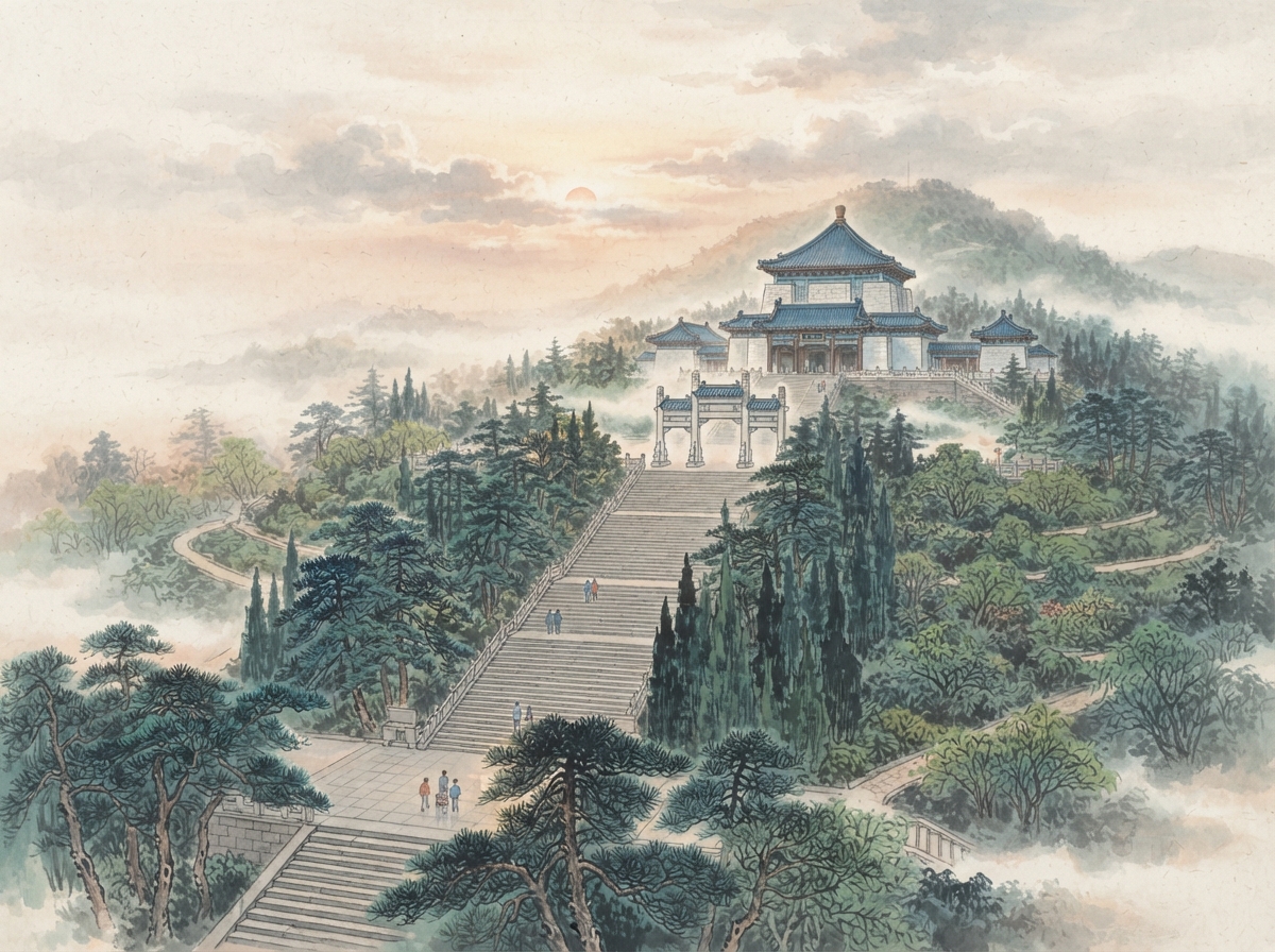 中山陵水彩插画：蓝瓦白墙与392级台阶