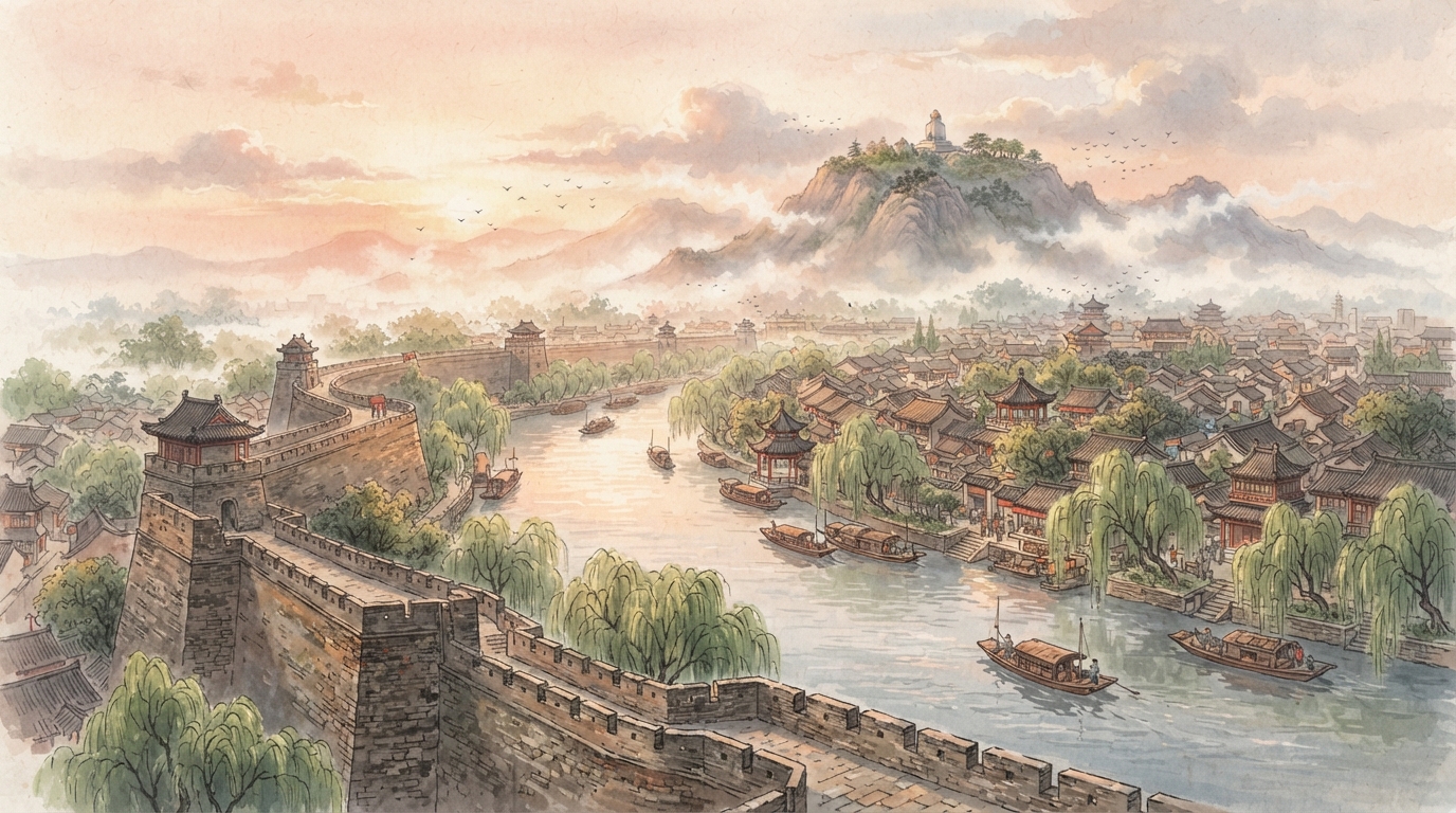 南京水彩全景：城墙、秦淮河与紫金山