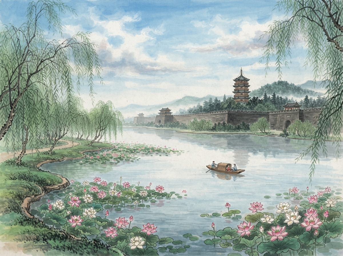 玄武湖水彩插画：荷花、垂柳与明城墙