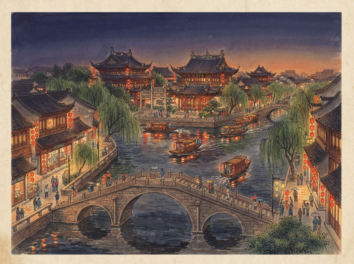 夫子庙秦淮河水彩插画：灯影浆声与画舫