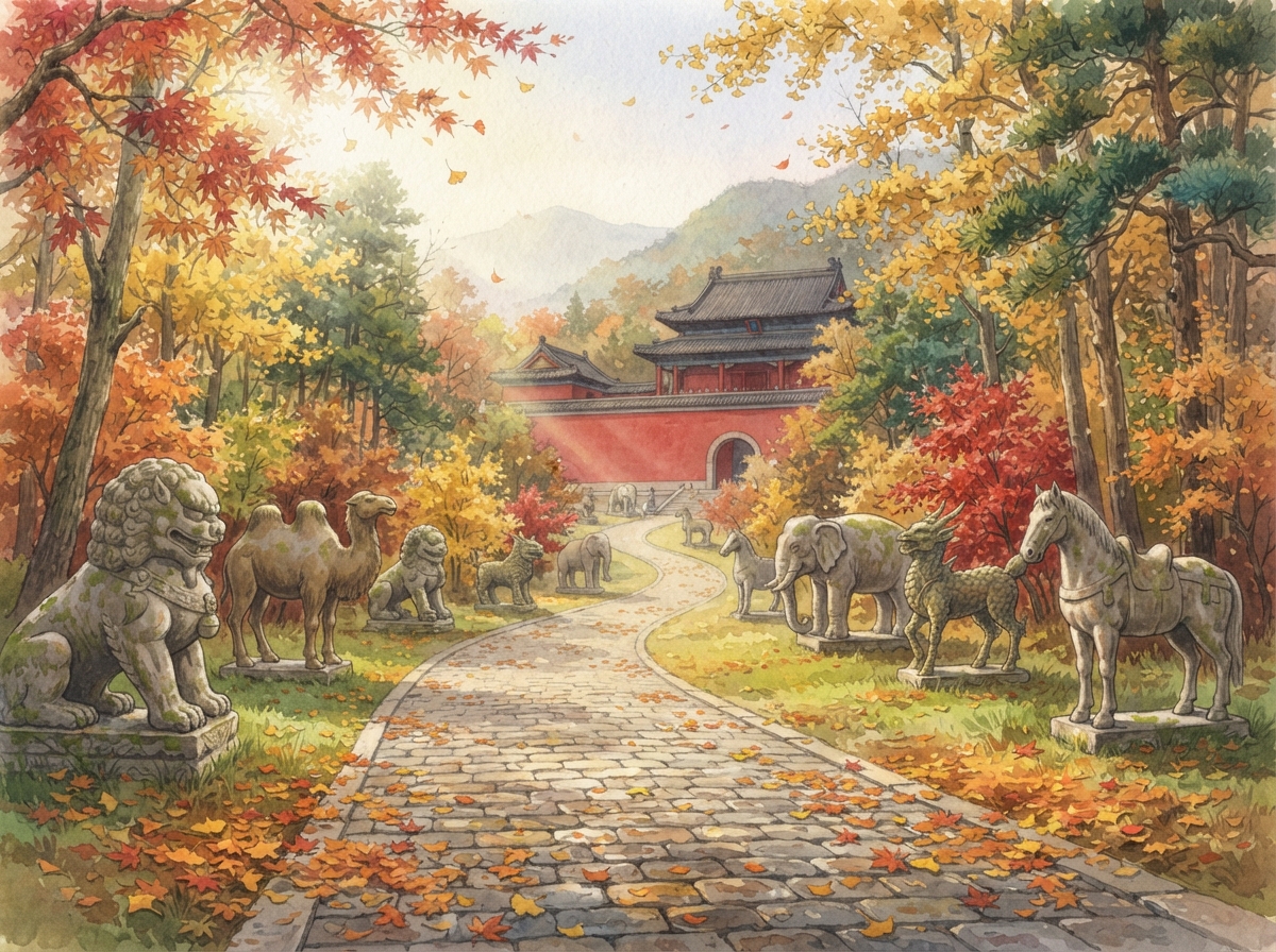 明孝陵水彩插画：石象路神道秋色