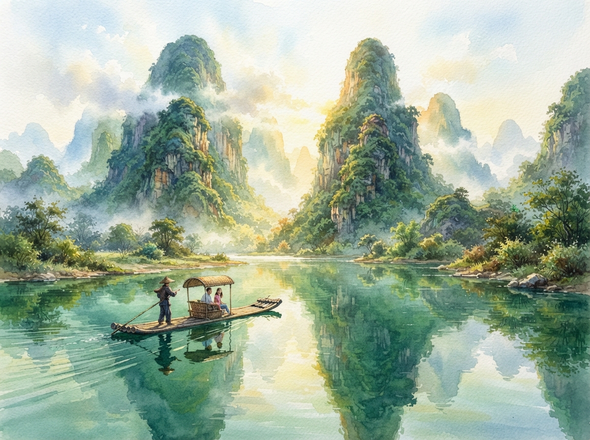 桂林漓江水彩插画