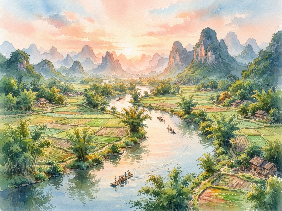 阳朔遇龙河水彩插画