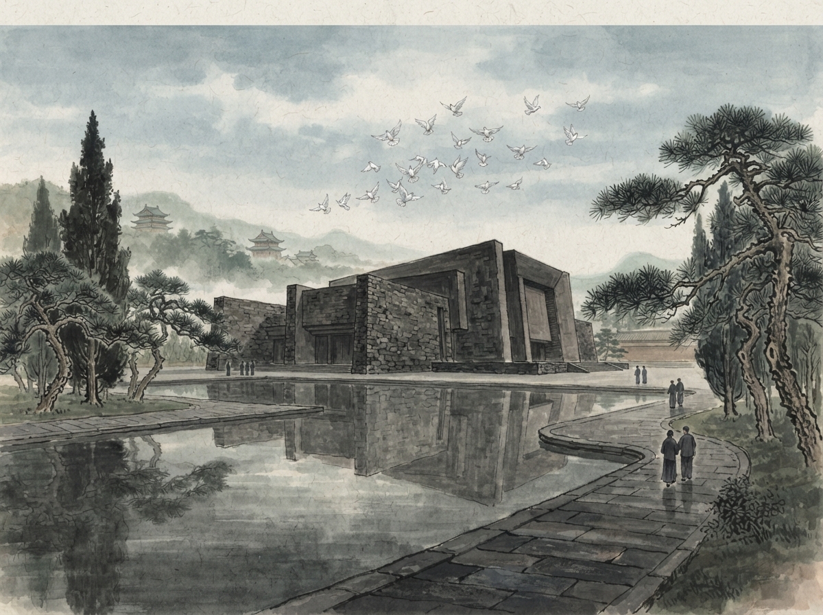 侵华日军南京大屠杀遇难同胞纪念馆水彩插画：肃穆的纪念建筑与水面