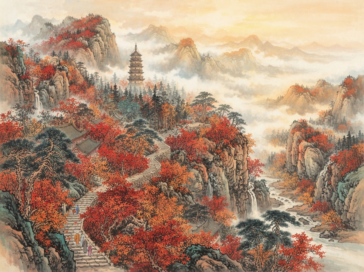 栖霞山水彩插画：红枫掩映古塔