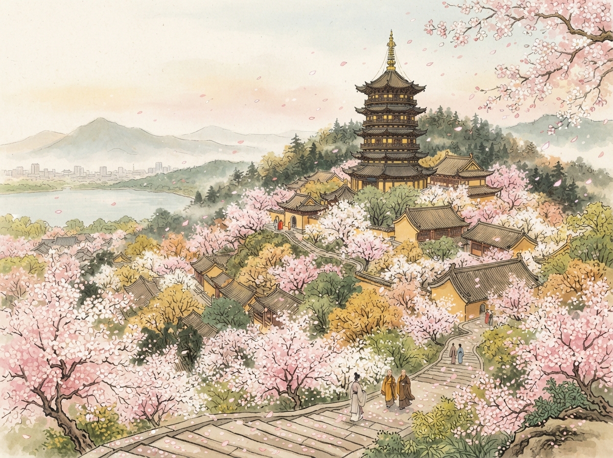 鸡鸣寺水彩插画：樱花中的药师佛塔