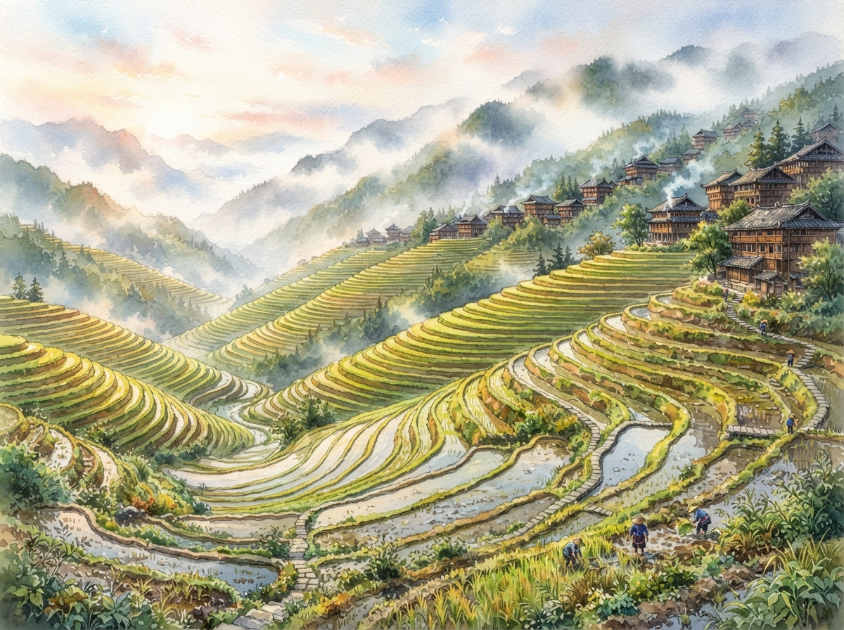 龙脊梯田水彩插画