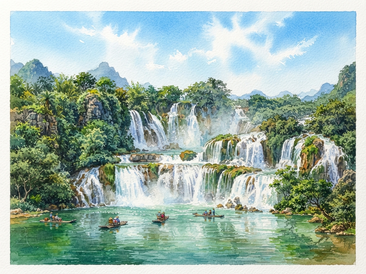 德天跨国瀑布水彩插画