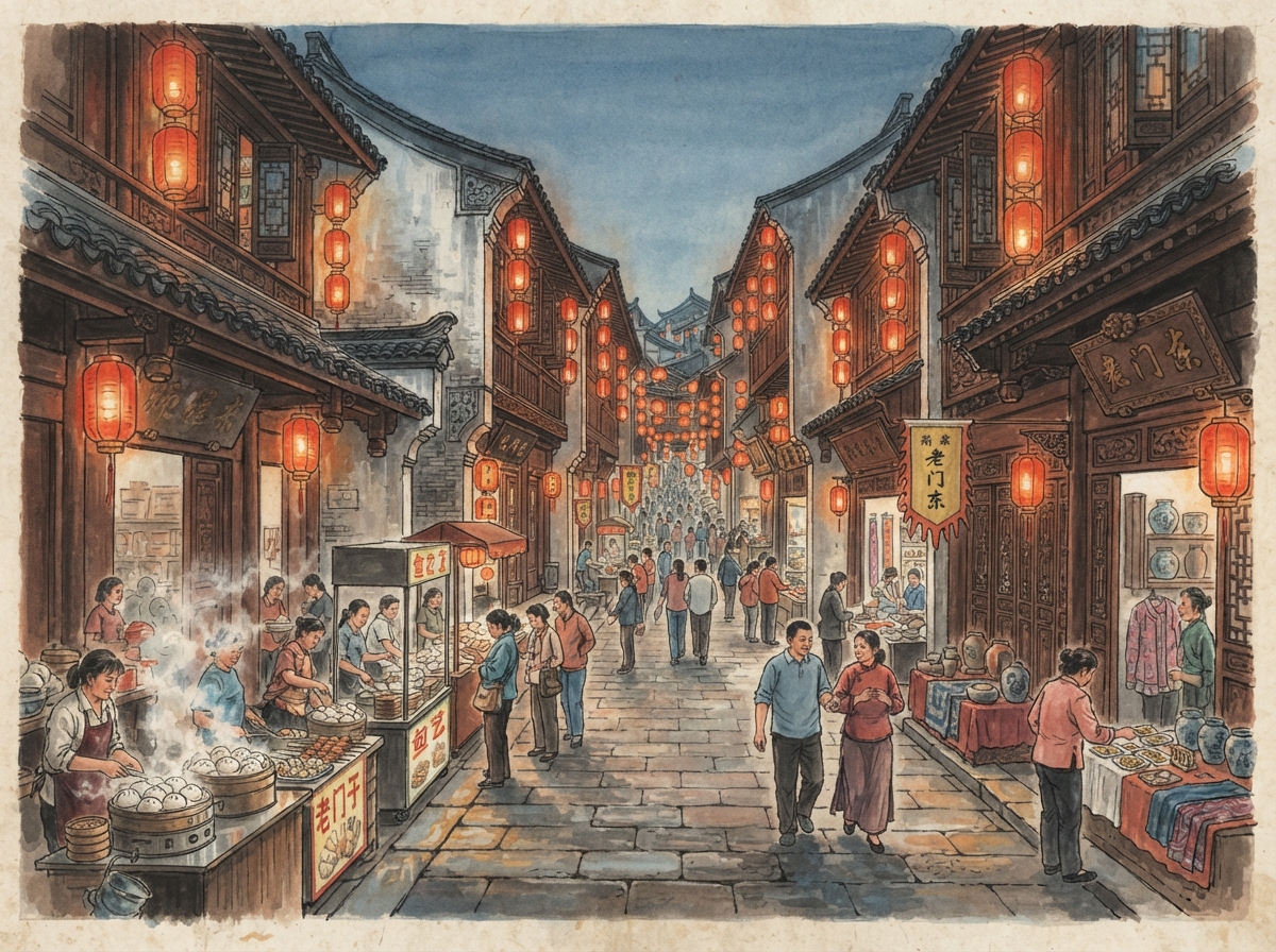 老门东水彩插画：青砖巷弄与灯笼夜市