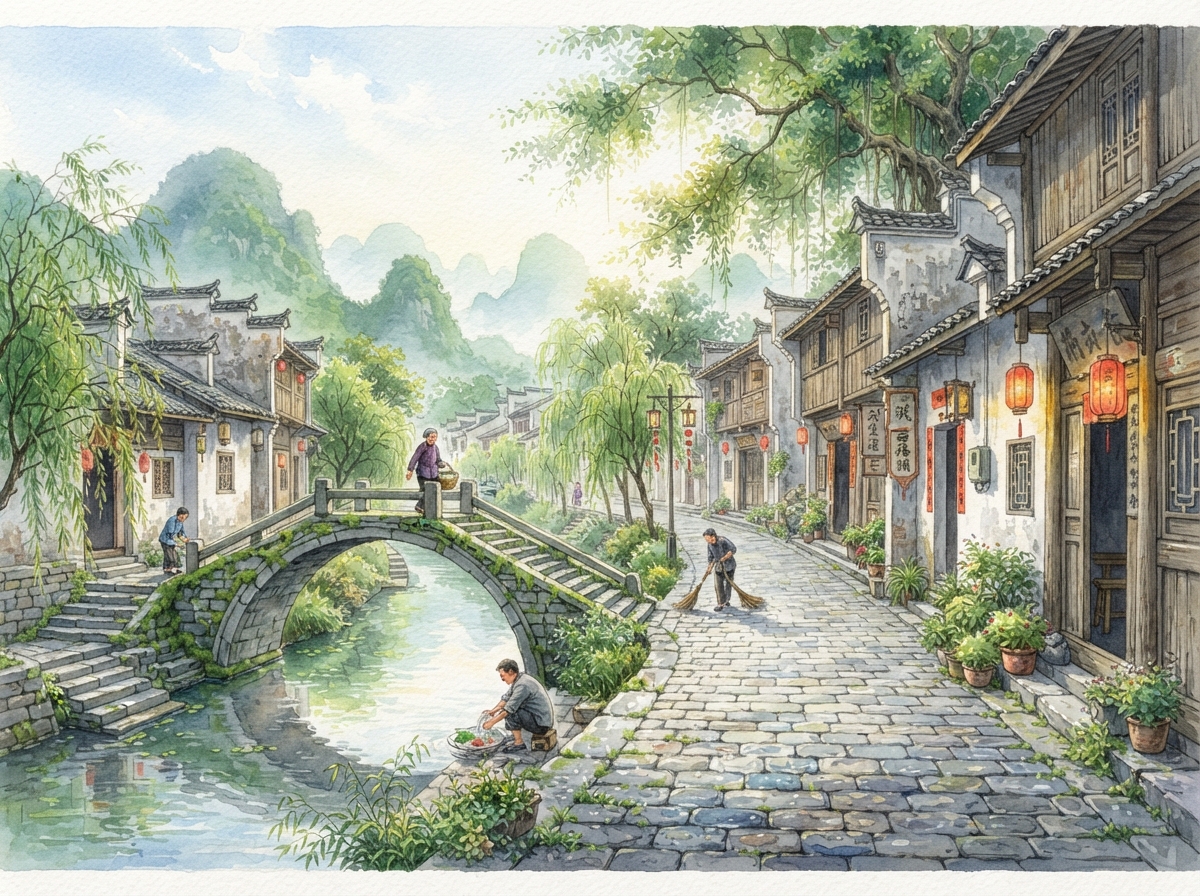 黄姚古镇水彩插画