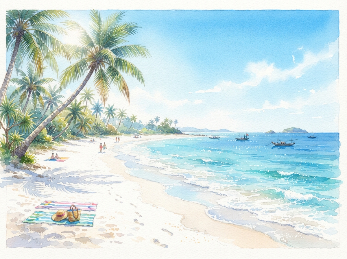 北海银滩水彩插画