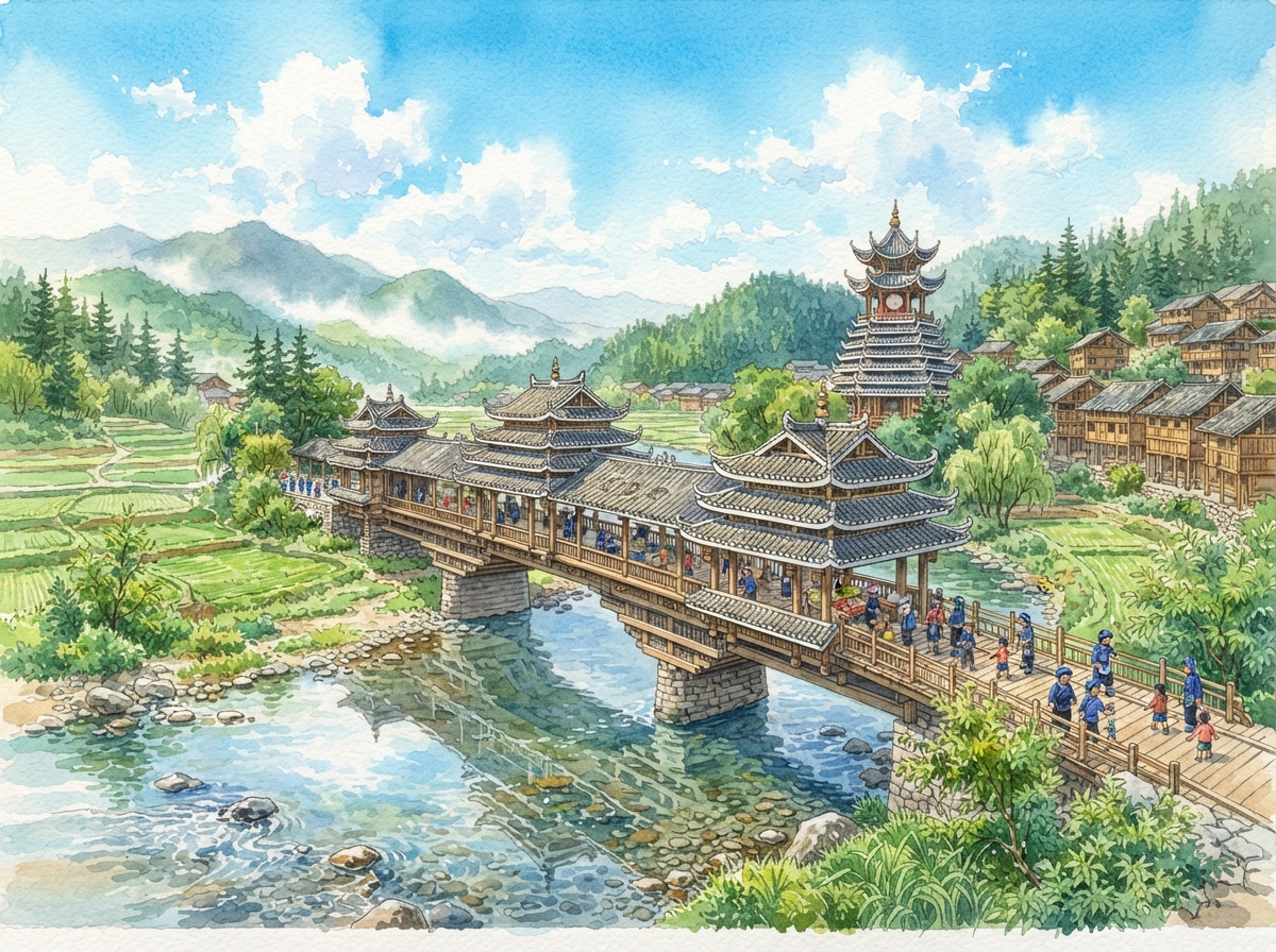 程阳风雨桥水彩插画