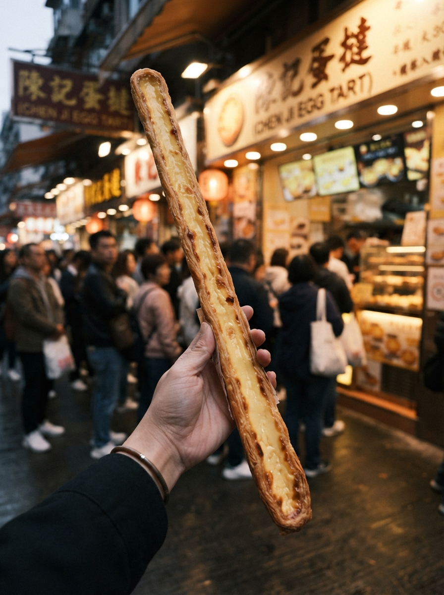 夜晚在烘焙店门口手持超长蛋挞打卡的街头场景示意图