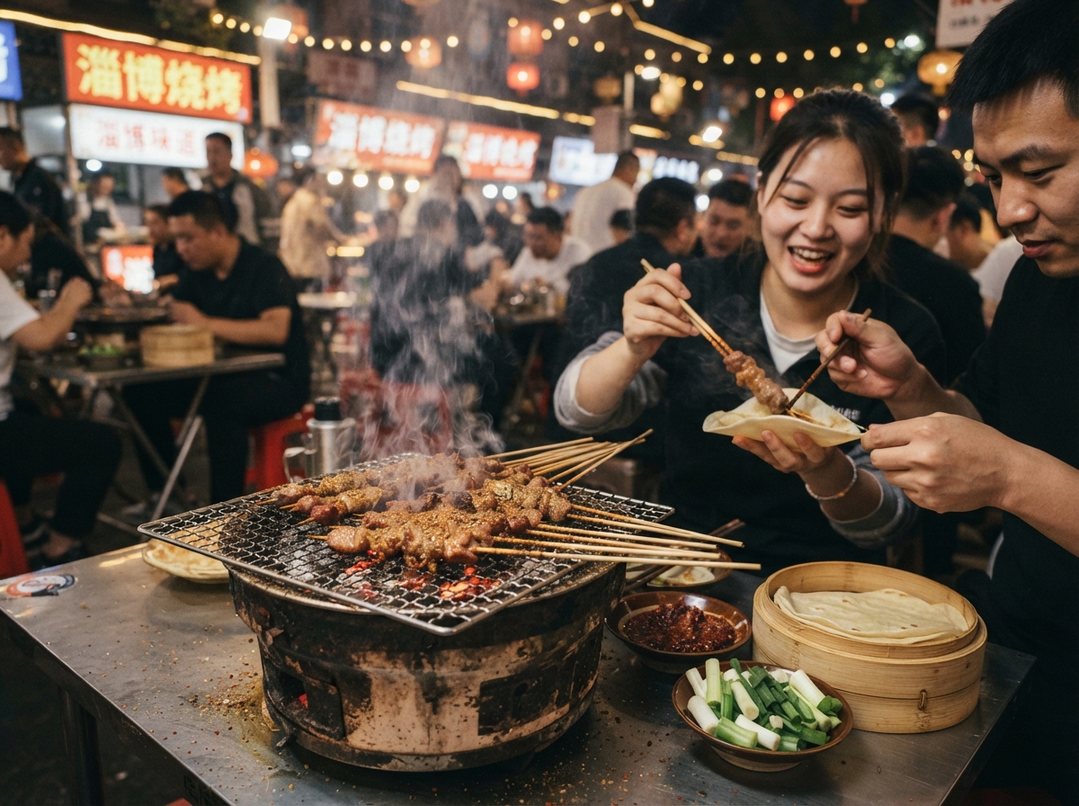 炭火烤肉串配小饼与葱段的淄博烧烤示意图