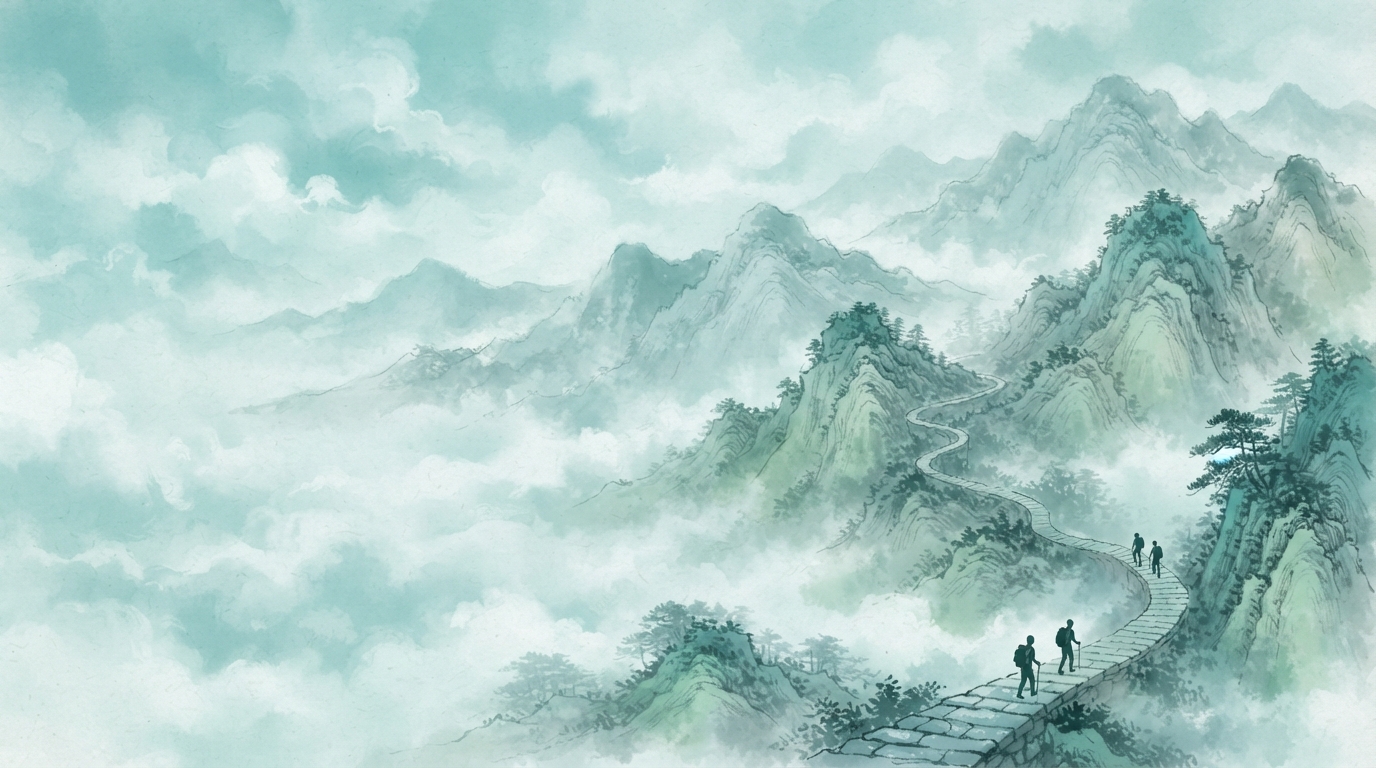 清晨云海中的江南群山与青石古道示意图