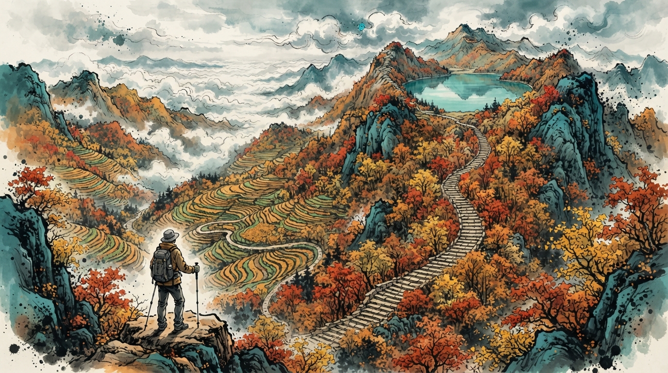 秋日山脊与天池示意图